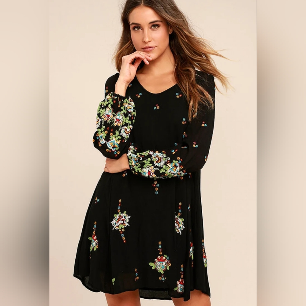 Free People Black Floral Embroidered Boho Dress